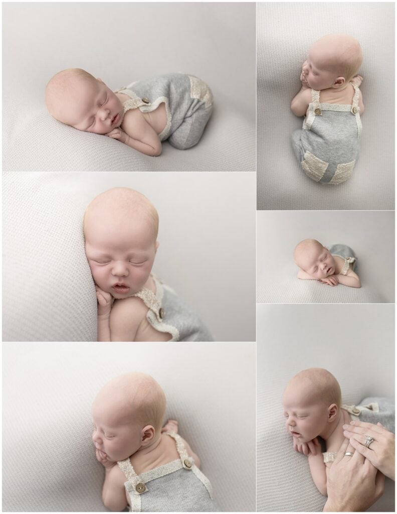 Akron newborn photographer capturing short film session in natural light studio with sleeping baby