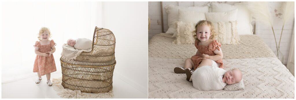 Soft baby and toddler photography session with adorable kids in a cozy, neutral-toned indoor setting.