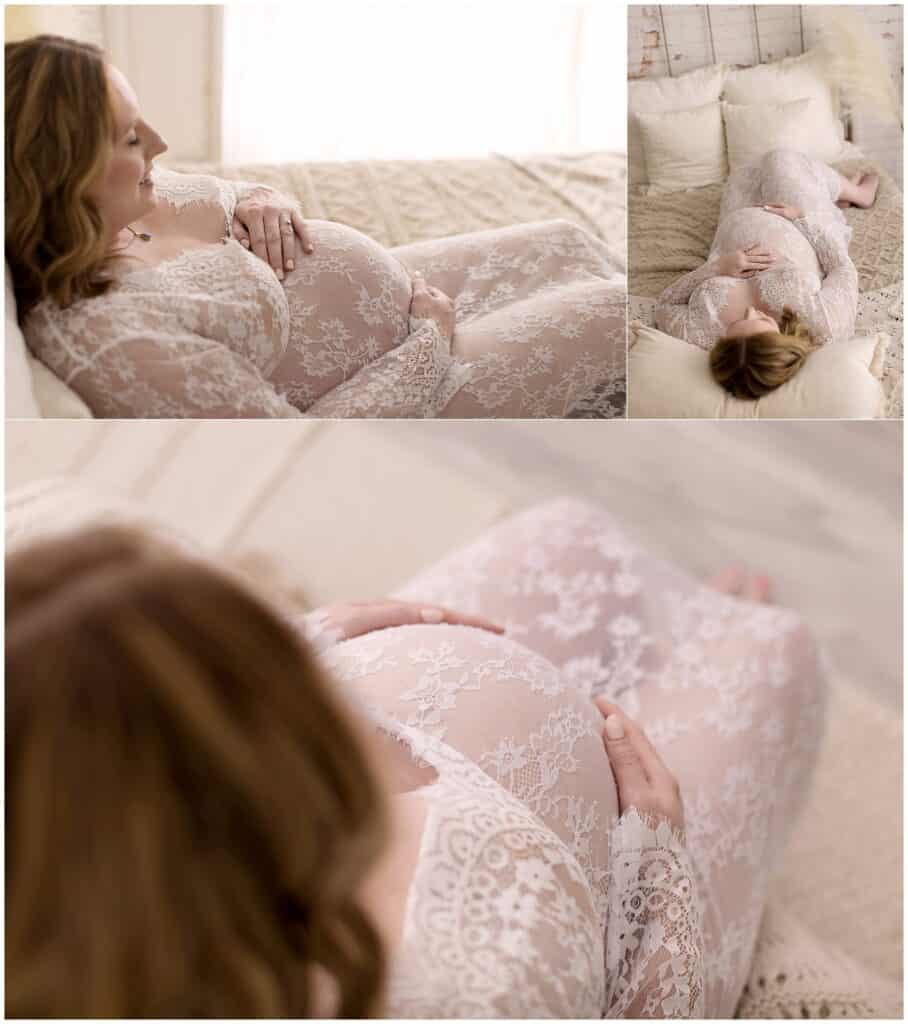 Pregnant woman in lace dress lying on bed, maternity photography, natural light, soft focus, Mary Christine Photography, expecting mother photoshoot, maternity portrait session, cozy home studio, beautiful pregnancy photography, newborn and maternity photographer, warm and intimate maternity photos, professional maternity photography services.