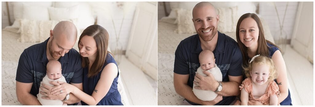 Growing family newborn film session capturing big sister meeting baby brother in Akron