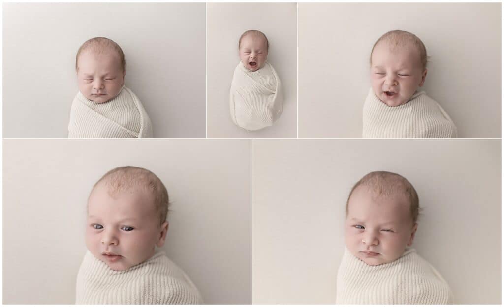 Soft-focused newborn baby wrapped in cream knit blanket in portrait and candid poses.