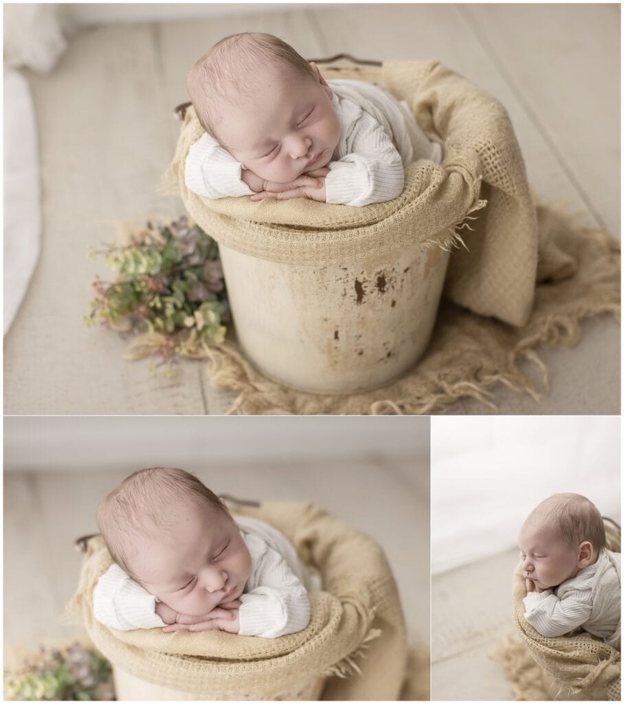 Soft newborn sleep in rustic wooden bucket, cozy posed baby photography, delicate baby portrait, Maryland newborn photographer, timeless infant photography.