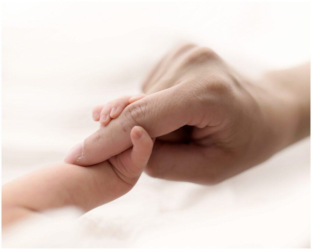 Delicate hand-holding between an adult and a baby, symbolizing love, care, and family bond, captured in soft natural light to highlight tenderness and intimacy.