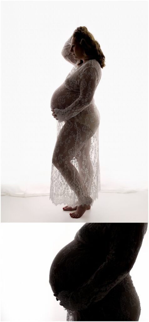 Elegant maternity silhouette portrait highlighting baby bump during studio pregnancy photoshoot