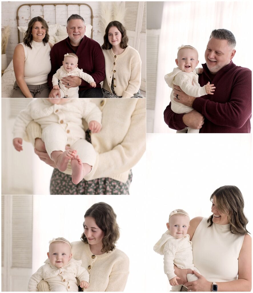Collage of a 6 month old baby girl with her mom, dad, and teenage sister during a family milestone photo session.