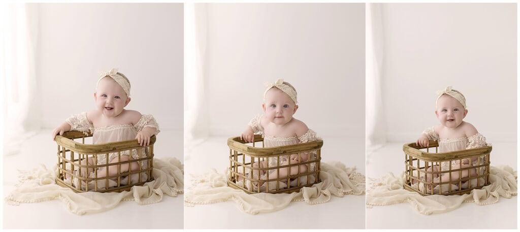 Collage of a 6 month old baby girl sitting in a wooden basket wearing a lace romper during her milestone portrait session.