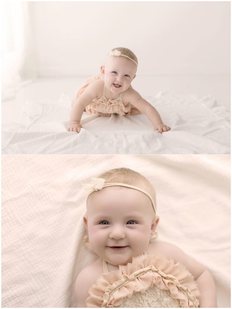 Collage of a smiling 6 month old baby girl in a peach romper during tummy time and a close-up milestone portrait.