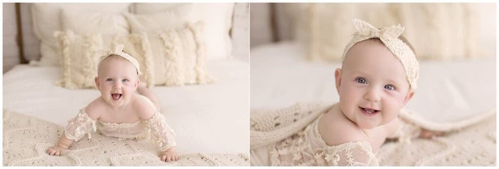 Collage of a smiling 6 month old baby girl during tummy time and a close-up portrait from her milestone session.