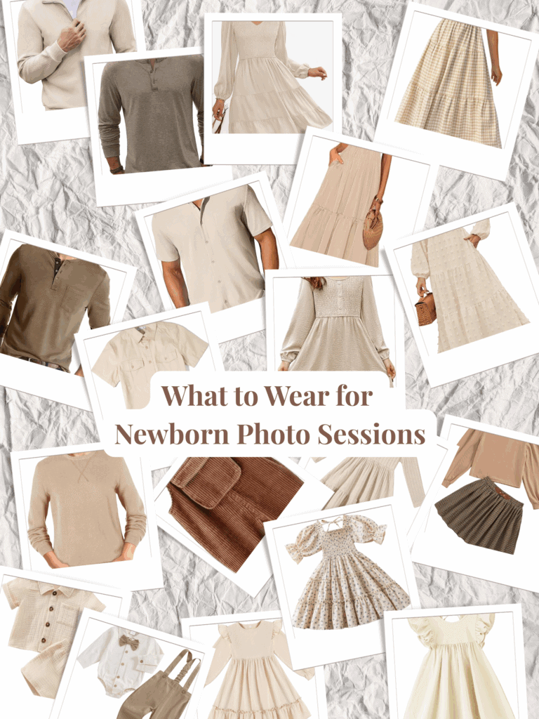 Collage of clothing options for what to wear for newborn photo sessions 