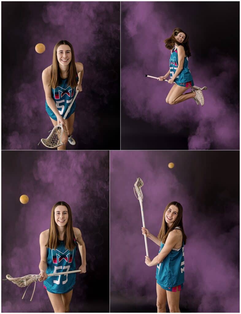 Lacrosse player photographed in a modern Media Day portrait style.