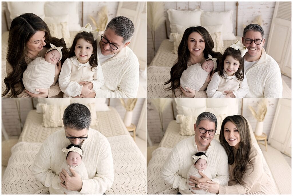 Family portrait with newborn baby girl and big sister in neutral studio setting in Medina Ohio
