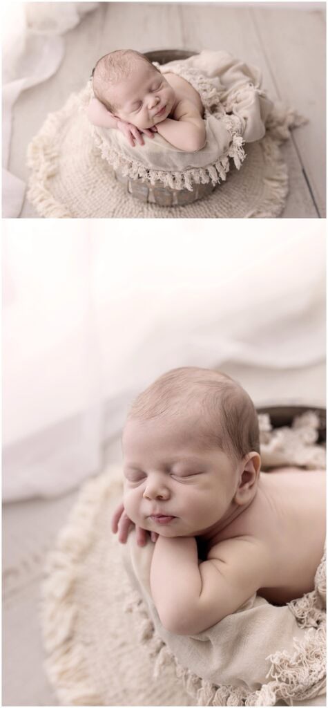 neutral newborn photography in Cleveland Ohio with baby boy posed in rustic basket