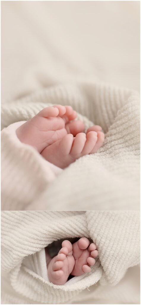 Close-up of newborn baby toes in soft neutral studio setting in Medina Ohio