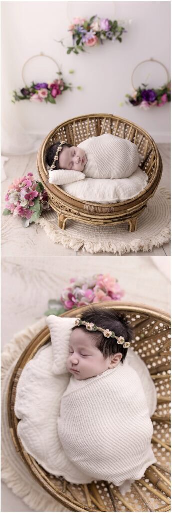 Newborn baby girl wearing floral crown during studio session in Medina Ohio