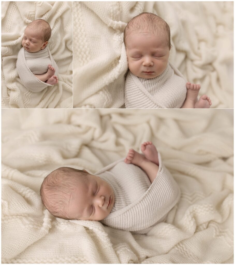baby boy newborn photography in Cleveland Ohio with soft cream wrap and neutral textures