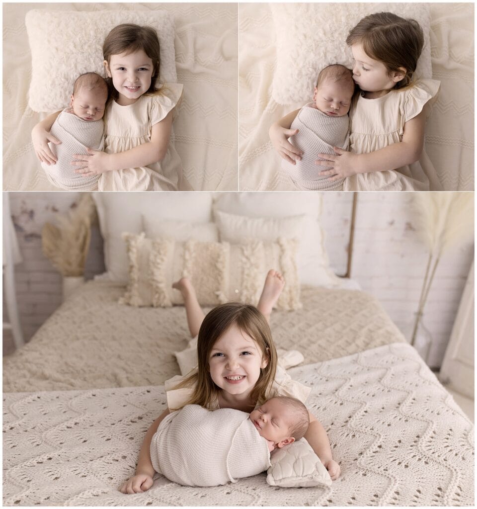 Cleveland Ohio newborn photography session featuring big sister cuddling baby brother