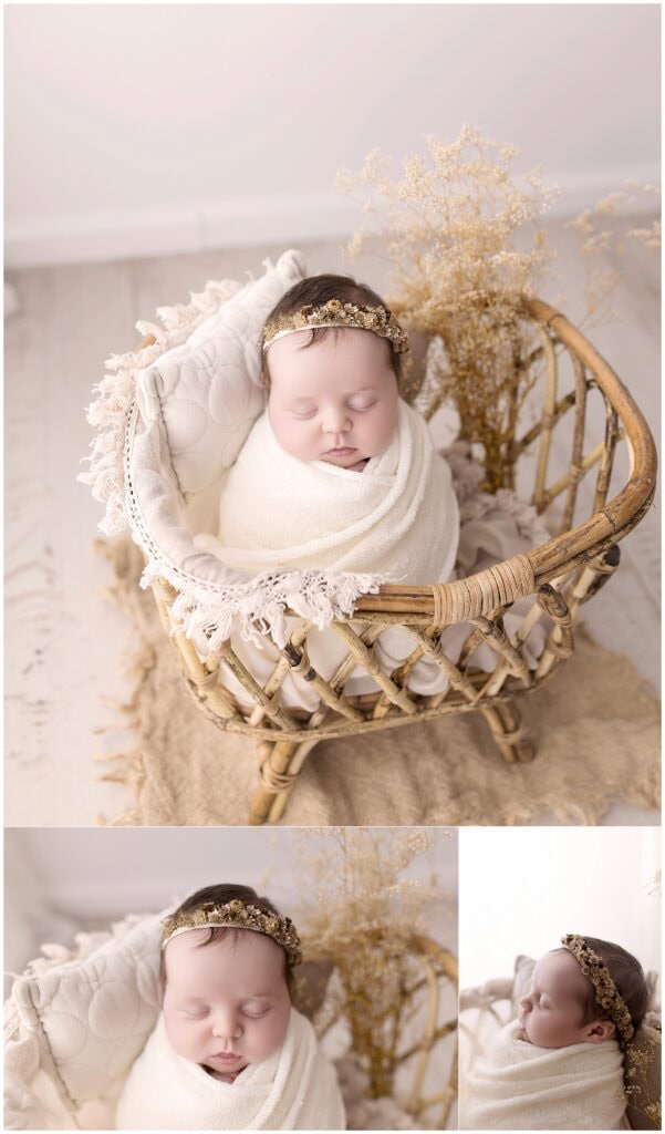 swaddled newborn baby photographed in Cleveland photography studio