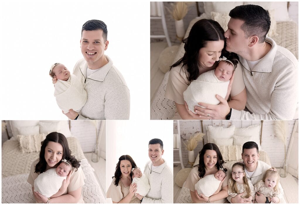 Mom and dad holding newborn baby during lifestyle family newborn session