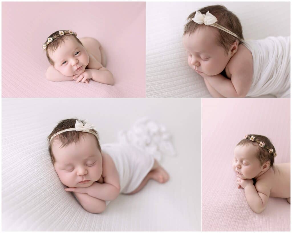 baby on white and pink blankets during newborn photography session