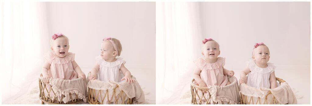 twin baby girls sitting in baskets for first birthday photos
