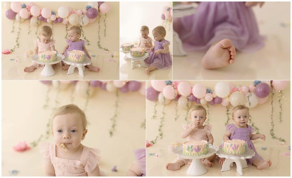 twin girls cake smash setup with pastel balloons and floral cakes