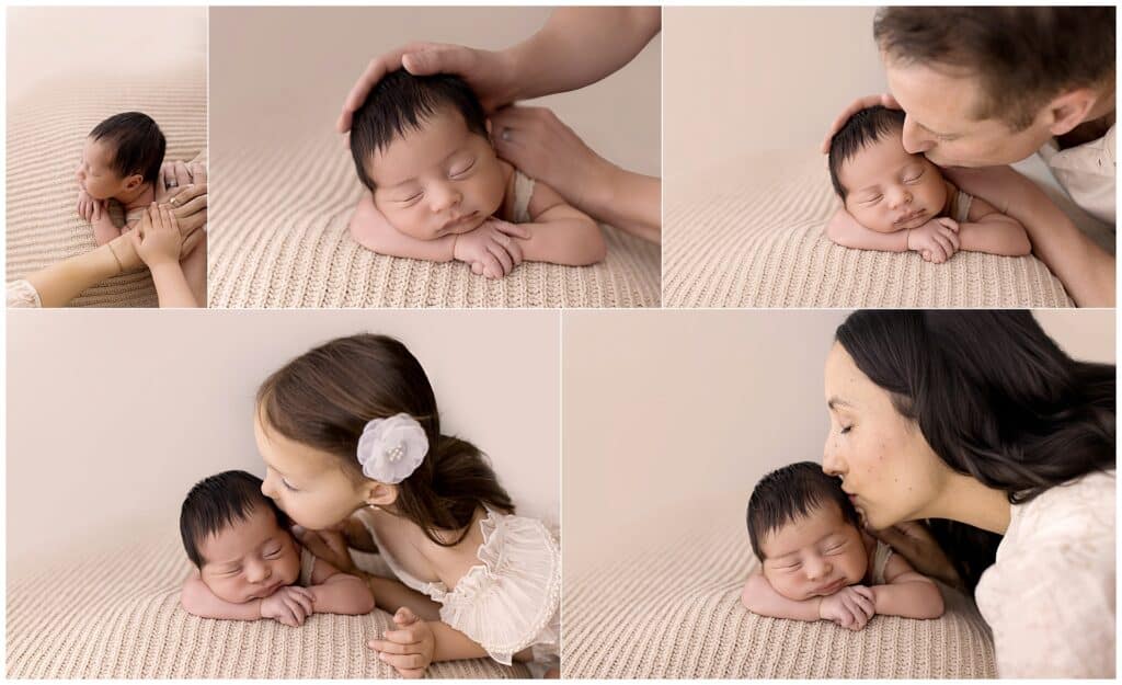 Parents and sibling posing with newborn baby boy during studio newborn session