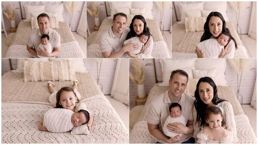 Family portraits with newborn baby boy during neutral studio newborn session