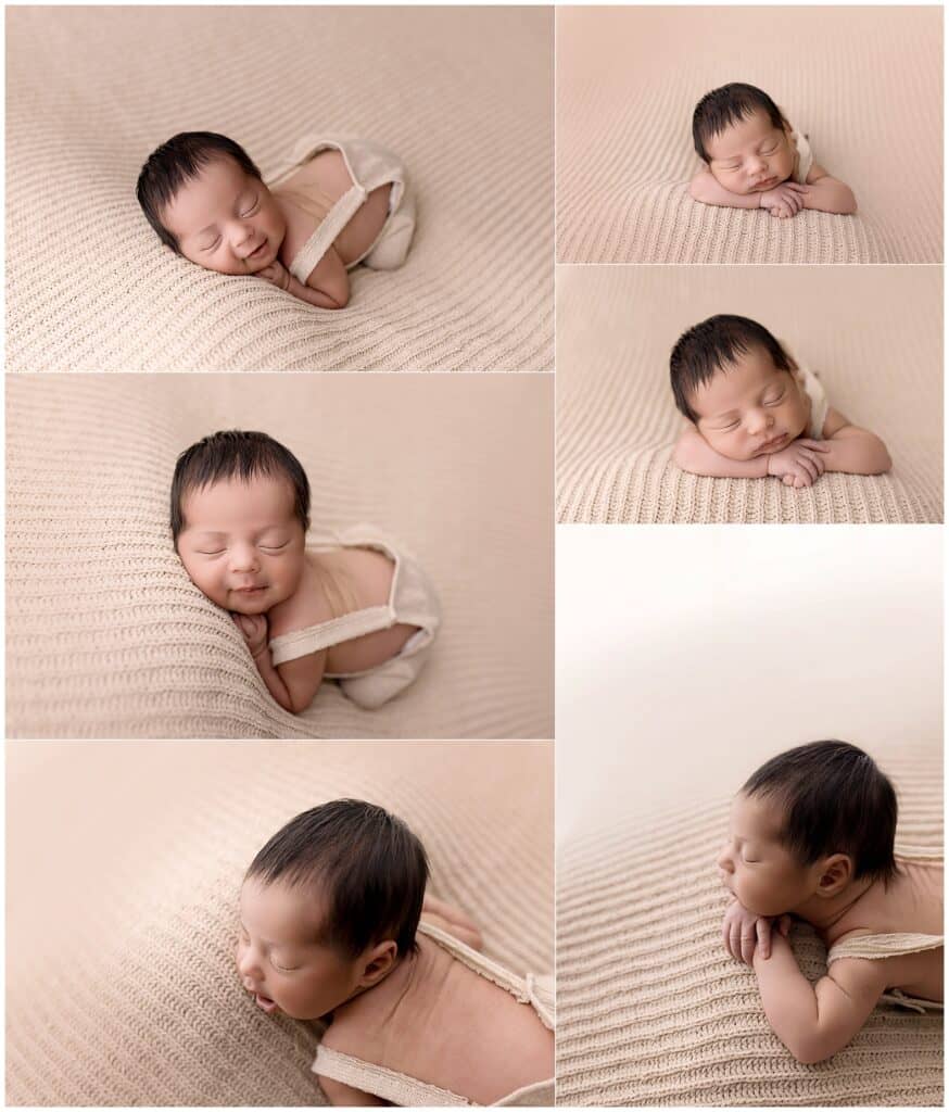Baby boy posed on neutral knit blanket during newborn session in Medina Ohio