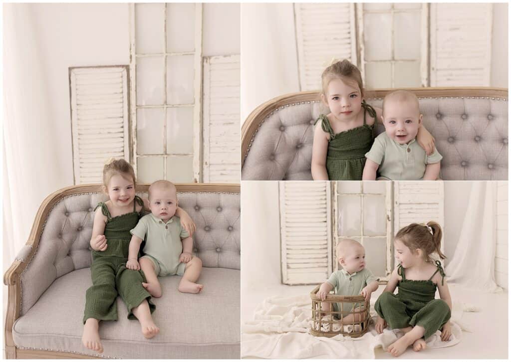wo young siblings sitting together on a vintage studio couch during a milestone